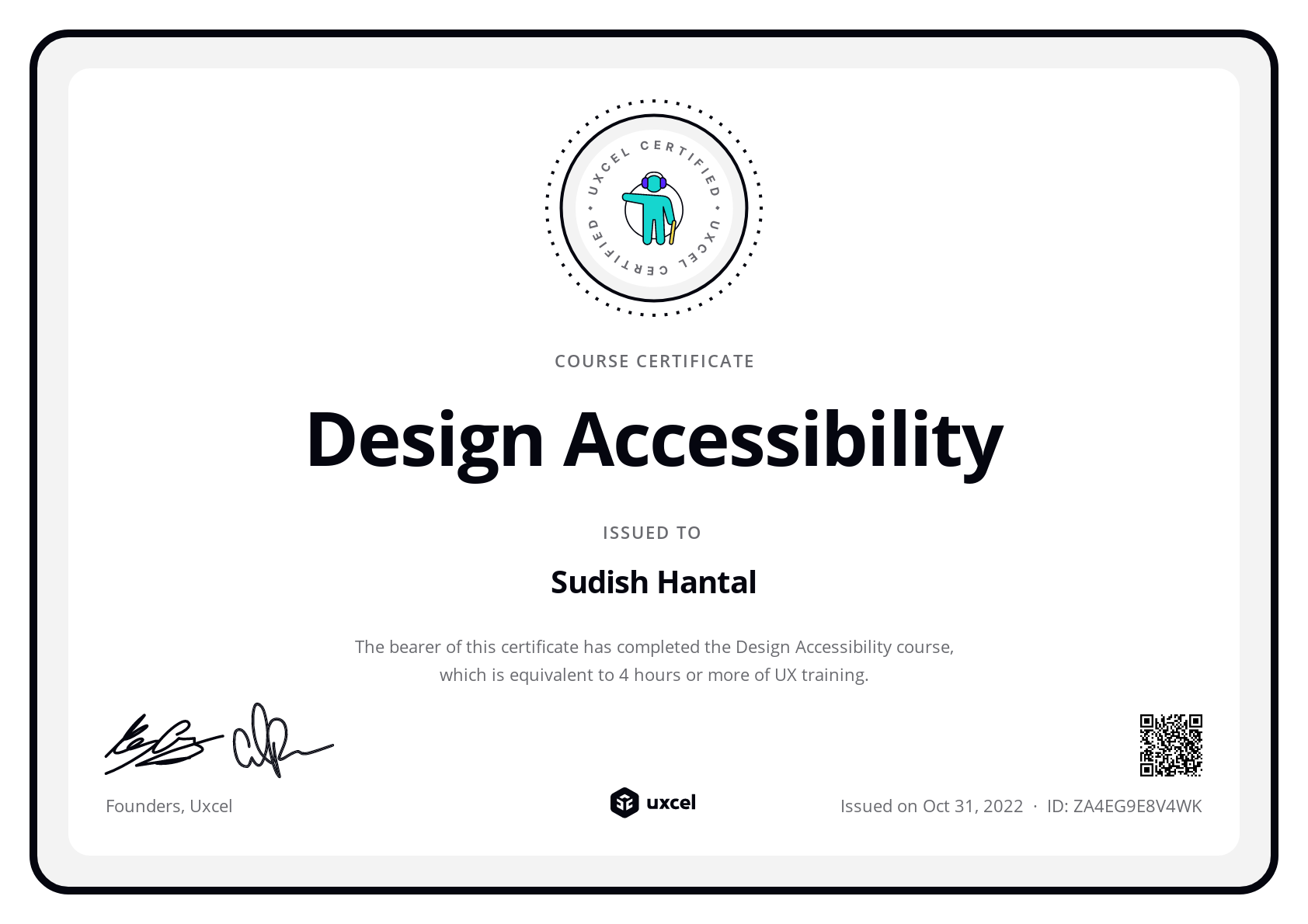 Sudish Hantal's certificate